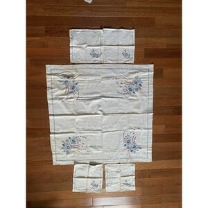Vintage Embroidered Linen Tablecloth & Napkin Set Hand Stitched Floral